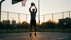 Matt Morgan che gioca a basket al tramonto.