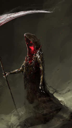Grim reaper with glowing red eyes holding a bloodied scythe in dark mist. — Horror iPhone Picture