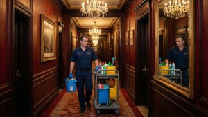 Sawyer met kar in de spiegelreflectie van de hotellobby