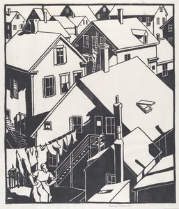 Housetops by Mildred McMillen, created 1918, in woodcut. Download this artwork as a high-resolution wallpaper for desktop, tablet, or mobile. — Mildred McMillen Wallpaper