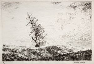 Hove To by Arthur John Trevor Briscoe, created 1929, in etching. Download this artwork as a high-resolution wallpaper for desktop, tablet, or mobile. — Arthur John Trevor Briscoe Wallpaper