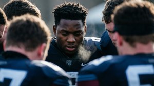 Demario Douglas joukkueen huddlessa, keskittynyt ilme.