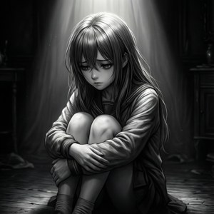 En ledsen anime-flicka hukad i ett mörkt rum med dramatisk belysning.