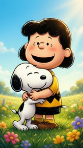 Lucy shares a sweet hug with Snoopy in a sunny meadow.