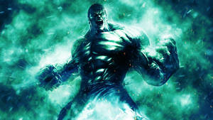 Hulk ruggisce con energia verde brillante e scintille che volano intorno a lui.