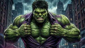 Kehonrakentaja, jolla on Hulk-tyyppinen ulkonäkö, repimässä paitaansa.