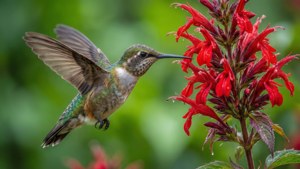 En dynamisk 4k-baggrund af en kolibri, der svæver nær en rød blomst.