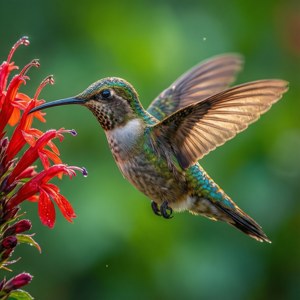 En kolibri med rörelseoskärpa vingar nära en ljusröd blomma i makrodetalj