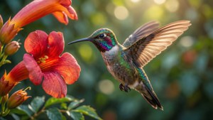 Ultra HD kolibri svävande vid en röd blomma med synlig vingrörelseoskärpa