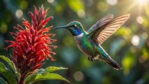 Colibri figé en 6K en vol à côté d'une fleur rouge avec bokeh