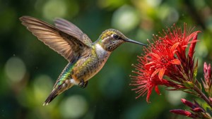 Kolibri meminum nektar dengan sayap bergerak
