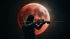 A Hunter watches the red lunar eclipse in Shadowkeep's eerie setting.