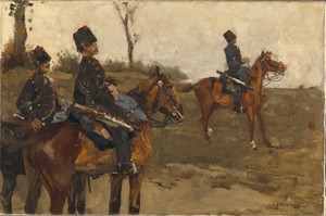 Hussars by George Hendrik Breitner, created c. 1880 - c. 1890, in canvas; oil paint (paint). Download this artwork as a high-resolution wallpaper for desktop, t