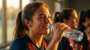 Candid scatto dai toni caldi di una giocatrice di futsal che beve acqua dopo la partita