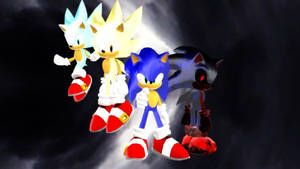 Neljä Sonic-hahmoa eri muodoissa seisoo tummaa myrskyistä taustaa vasten.