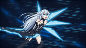Anime girl with silver hair wielding glowing blue energy swords in a digital battle scene.