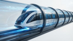 Pod hyperloop ramping di dalam tabung kaca dengan garis energi biru dan tampilan teknologi bersih