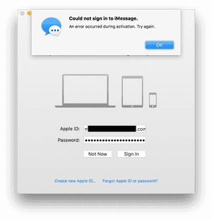MacOS iMessage login screen with activation error message.