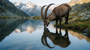 En ibex som drikker ved en innsjø med fantastisk speilrefleksjon.