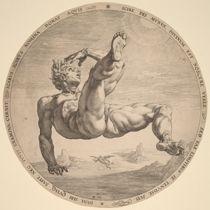Icarus by Hendrick Goltzius, created 1588, in engraving on laid paper. Download this artwork as a high-resolution wallpaper for desktop, tablet, or mobile. — Hendrick Goltzius Wallpaper