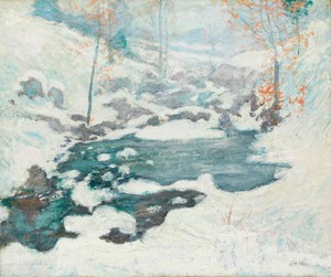 Icebound by John Henry Twachtman, created c. 1889, in Oil on canvas. Download this artwork as a high-resolution wallpaper for desktop, tablet, or mobile. — John Henry Twachtman Wallpaper