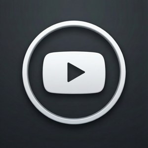 A white YouTube play button in a circular icon frame on a dark gray background, app icon style.
