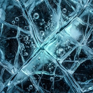 Fractured blue ice with trapped air bubbles glowing under cool light.
