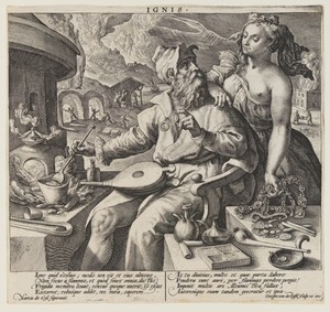Ignis (Fire), from The Elements by I Crispijn van de Passe, created c. 1600, in Engraving on ivory laid paper. Download this artwork as a high-resolution wallpa — I Crispijn van de Passe Wallpaper