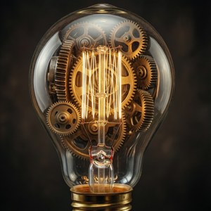 A lightbulb with internal gears symbolizing a logical idea.