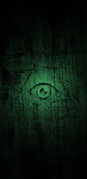 A glowing green eye peering through scratched dark wood. — Illuminati Background