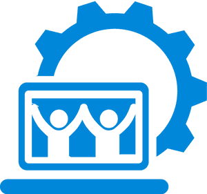 Blauw tandwielpictogram met laptop die twee juichende personen als silhouetten toont. — Kunst Achtergronden