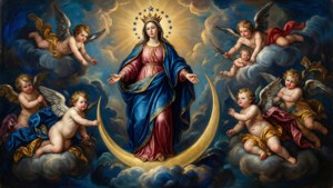 Murillon Immaculate Conception kuun, tähtien ja enkelien kanssa.