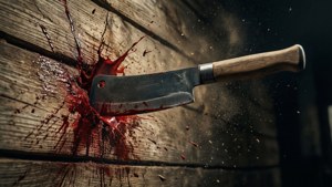 En machete fast i en trävägg med blodstänk och dramatisk belysning.