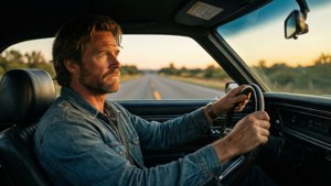 Sam Winchester cruising i Impala vid solnedgång.