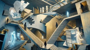Surreal arkitektur med trapper og ånder i en Megami Tensei-inspirert labyrint