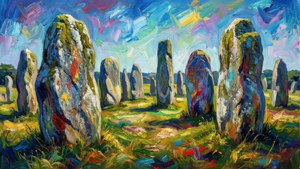 Pintura impresionista artística de las alineaciones de piedras de Carnac.