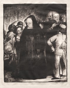 In an Elevator by George Bellows, created 1916, in lithograph. Download this artwork as a high-resolution wallpaper for desktop, tablet, or mobile. — George Bellows Wallpaper