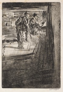 In Camera by Muirhead Bone, created 1901, in drypoint. Download this artwork as a high-resolution wallpaper for desktop, tablet, or mobile. — Muirhead Bone Wallpaper