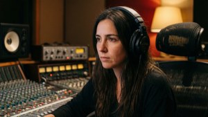 Carin León in recording studio with headphones at mixing console.