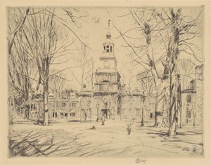 Independence Hall by Childe Hassam, created 1926, in etching in black on wove paper. Download this artwork as a high-resolution wallpaper for desktop, tablet, o — Art Picture