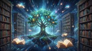 Eine magische Metaverse-Bibliothek mit schwebenden Bücherregalen und einem leuchtenden Baum.