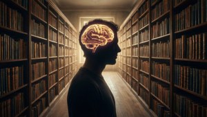 En surrealistisk fantasy-baggrund af en silhuet med glødende hjerne i et uendeligt bibliotek