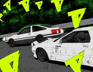 Dois carros de drift brancos correndo à noite com graffiti verde neon e fumaça de pneu. — Fundo japonês Papéis de Parede