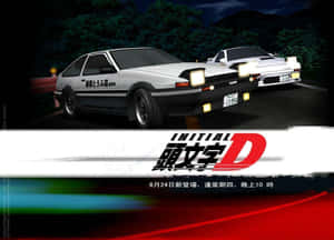 Dos autos AE86 blancos corriendo de noche en una carretera sinuosa con faros brillantes. — Anime Fondos de pantalla