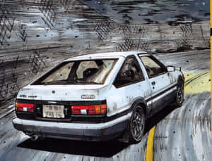 White AE86 sports car drifting on wet road with motion blur and sketchy art style. — Car Anime Picture