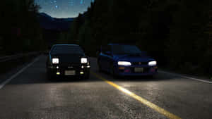Two cars facing each other on a dark mountain road under a starry sky. — Road Wallpaper