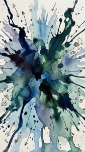 Latar belakang cat air dengan noda tinta dan coretan, mencerminkan fluiditas pikiran ADHD.