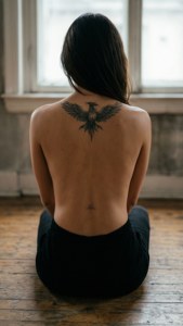 A sexy woman's back with a tattoo in artistic nude style.