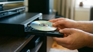 En person som setter en DVD-plate inn i en spiller, hender og plate i fokus, uskarp bakgrunn.