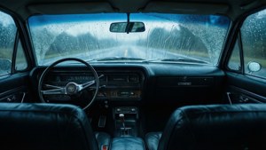 Blick von innen auf den Impala mit Regen auf der Windschutzscheibe